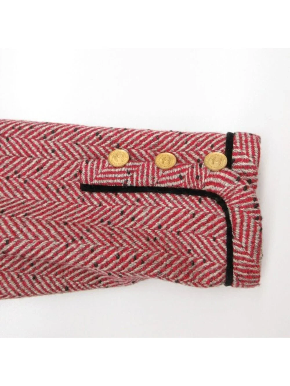 Chanel Collarless Jacket Tweed Trimming Herringbone Pattern CC Logo Gold Button